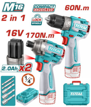 Total Σετ Δραπανοκατσάβιδο & Παλμικό Κατσαβίδι Brushless 16V με 2 Μπαταρίες 2Ah και Θήκη