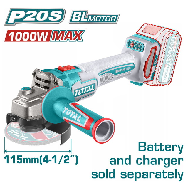 TOTAL ΕΠΑΓΓ. ΓΩΝΙΑΚΟΣ ΤΡΟΧΟΣ ΜΠΑΤ. Li-ion 20V / 115mm ΧΩΡΙΣ ΜΠΑΤΑΡΙΑ & ΦΟΡΤΙΣΤΗ