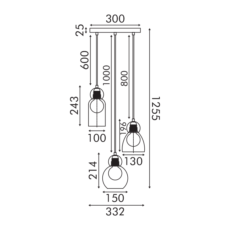 JULIETTE-ΦΩΤΙΣΤΙΚΟ ΚΡΕΜΑΣΤΟ ΜΑΥΡΟ ΓΥΑΛΙΝΟ ΣΥΜΒΑΤΙΚΟ ΙΡ20 3xΕ27 330XH1255mm (LT38233PBK)